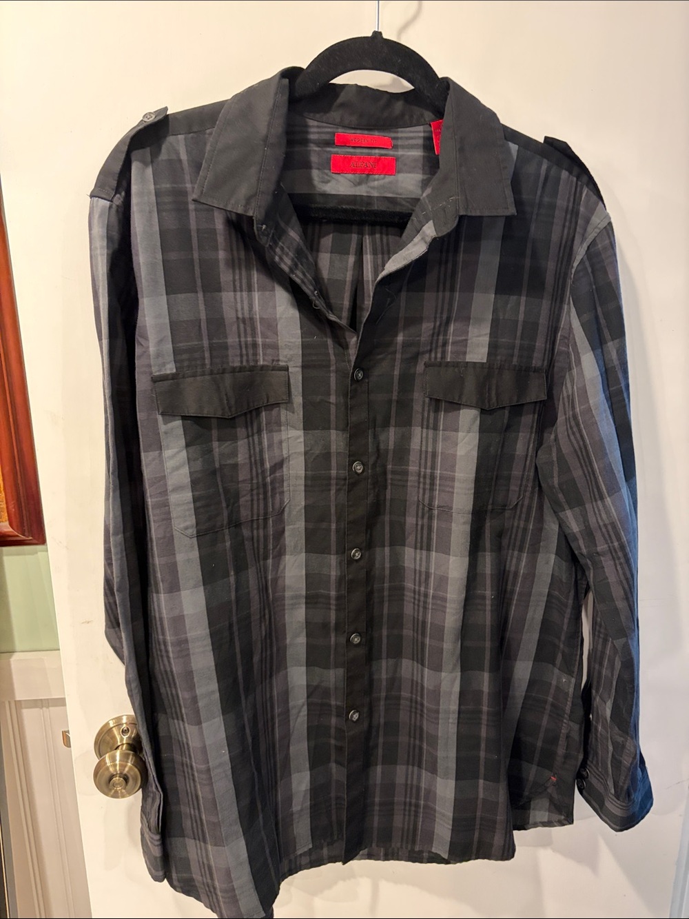 Alfani modern fit Men's Black & Gray Plaid Button-Up Shirt Xl long sleeve